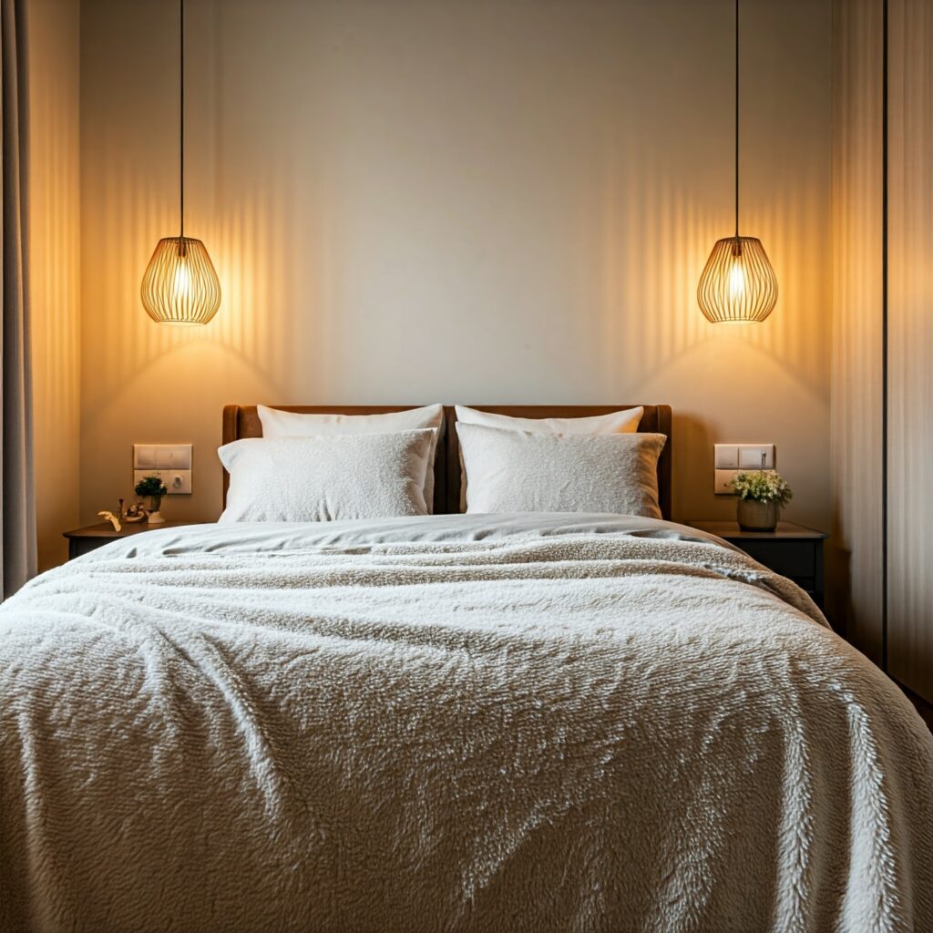 A cozy bedroom with warm lighting, inviting bedding, and neutral decor that radiates tranquility.