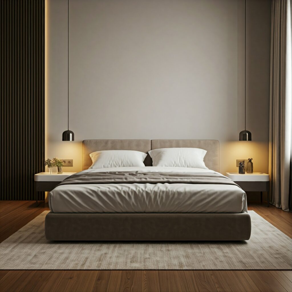 A cozy, modern bedroom with soft lighting and a comfortable mattress setup.