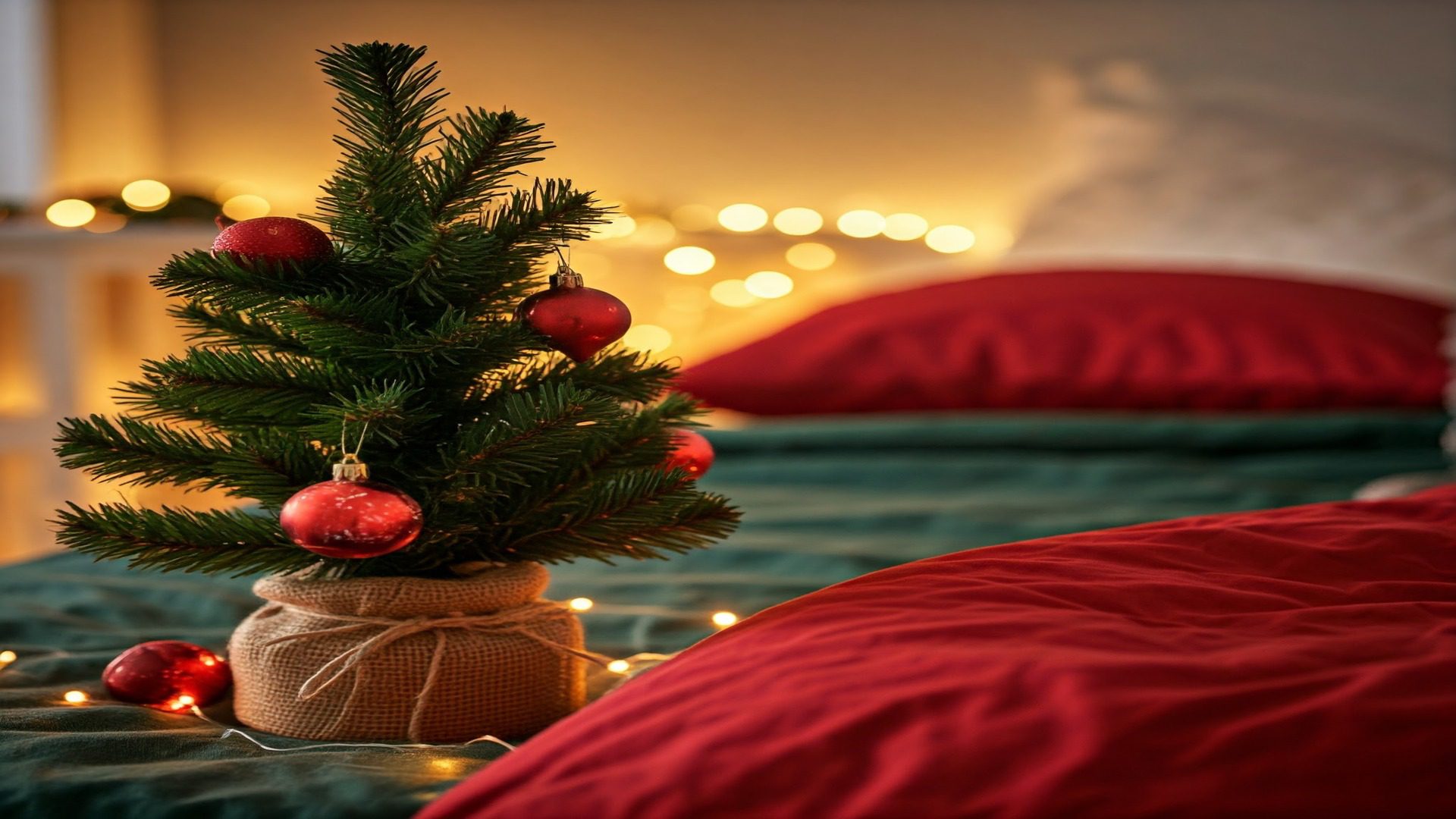 A decorated bedroom with cozy red and green bedding, Christmas lights, and a small tree.