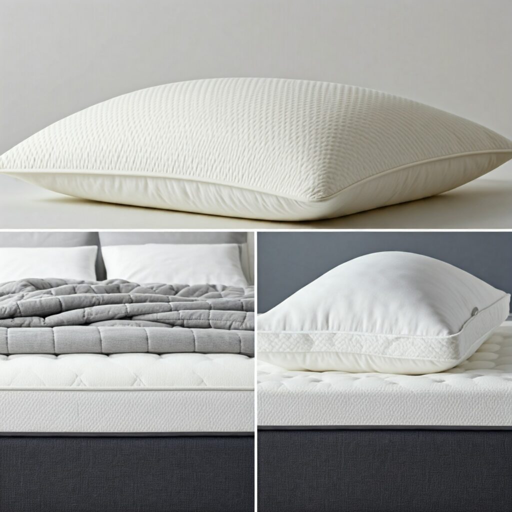 A grid showcasing the premium sleep products
Mattress Toppers
Weighted Blankets
Organic Pillows
Use close-up shots emphasizing the softness, textures, and comfort of these items.