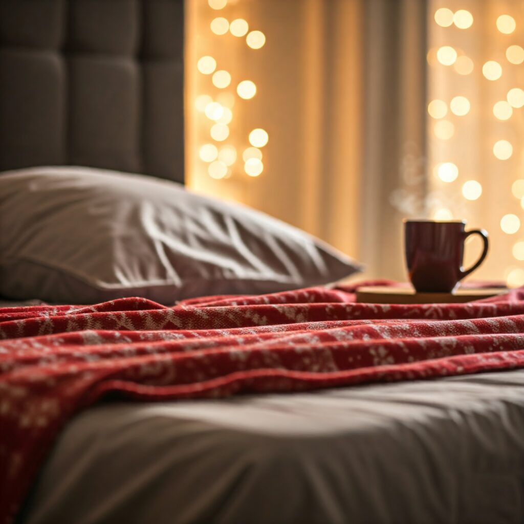 A serene bedroom with a made-up bed featuring soft sheets and a Christmas-themed throw blanket, a steaming mug of cocoa on a bedside table FOR FamilyNest Hub