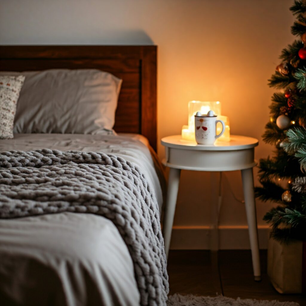 A serene bedroom with a made-up bed featuring soft sheets and a Christmas-themed throw blanket, a steaming mug of cocoa on a bedside table.