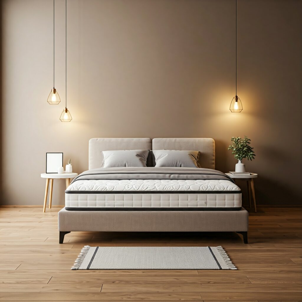 cozy, modern bedroom with soft lighting and a comfortable mattress setup.