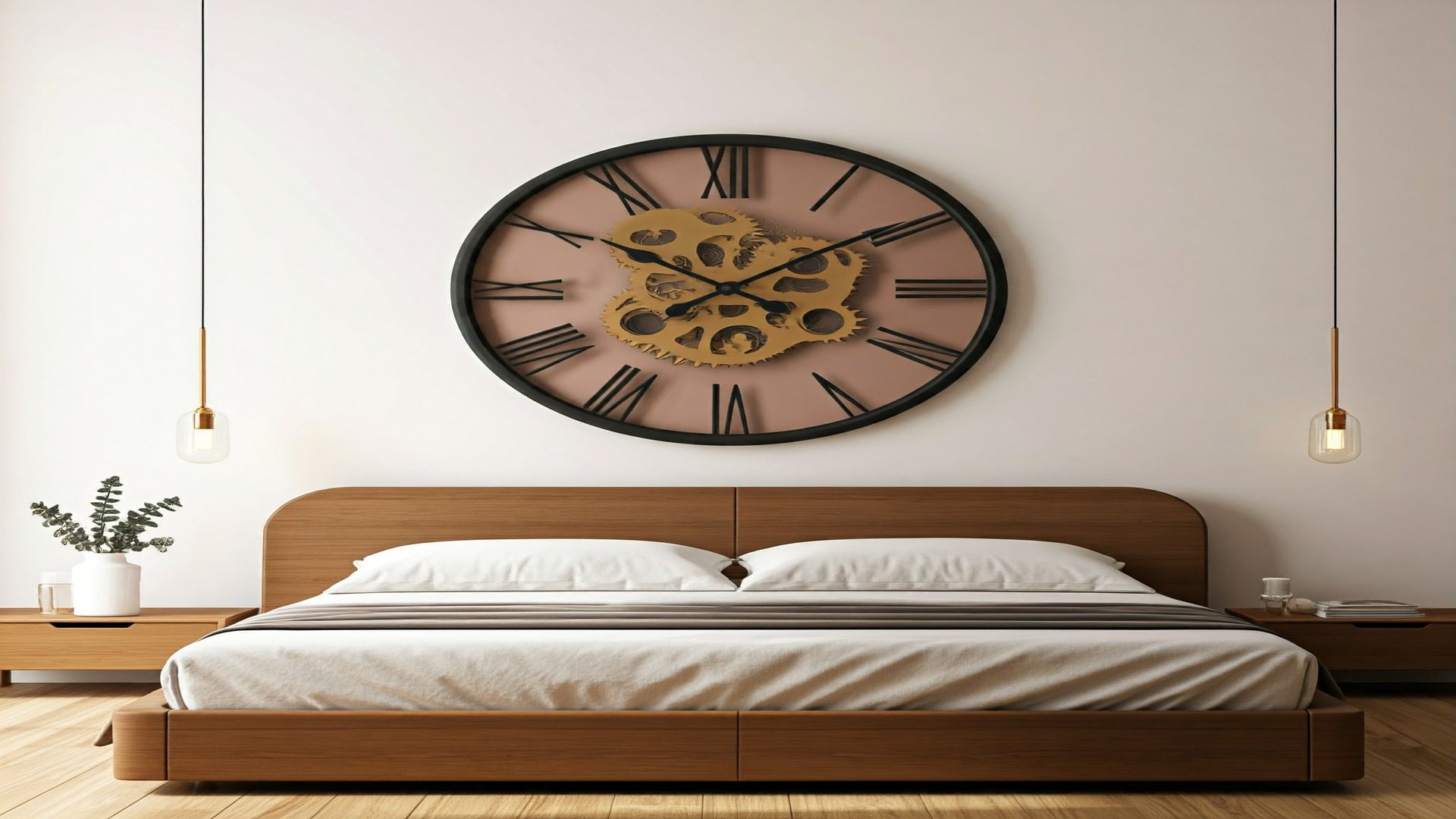 image of a big clock on a bed well arranged in a modern room that is beautiful that has good lightening